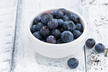 bowl of fresh blueberries on white wooden background, closeup