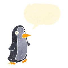 retro cartoon penguin with speech bubble