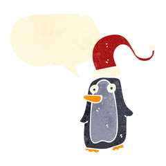 retro cartoon penguin with speech bubble