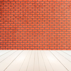 Textured red brick wall with white wooden floor inside