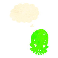 retro cartoon spooky green skull with thought bubble