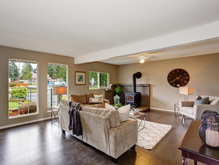 Modernized living room with fireplace, and fluffy rug.