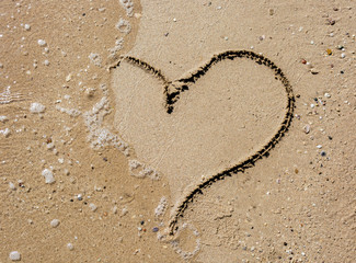 Fototapeta na wymiar Hearth symbol on the sand beach on a sunny day
