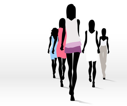 fashion models walking, colorful dresses, white background clip art preview