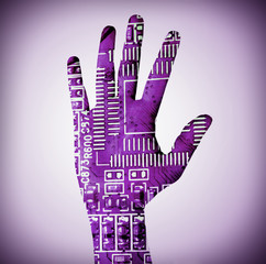 Human palm with microchip picture on it on bright color background