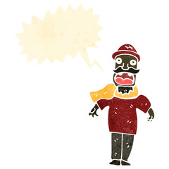 retro cartoon shouting man in hat and scarf