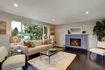 Modern living room with dark hardwood floor.