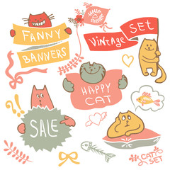 Set of hand drawing cat with banner logo vector.