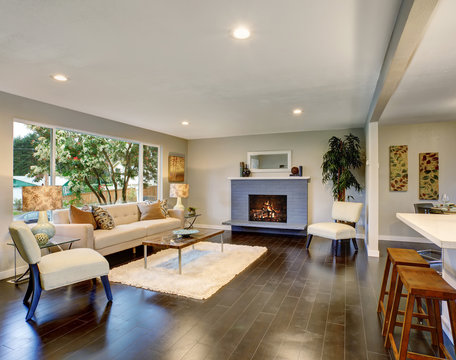 Modern living room with dark hardwood floor.