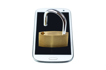 Unlocked padlock on a mobile phone. Isolated on white background. Concept photo of technology, mobile and tablet computer security.