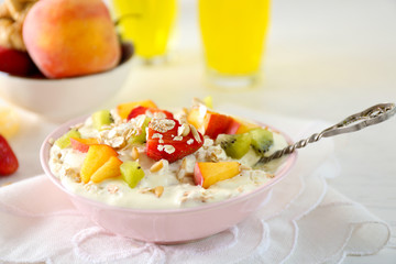 Healthy breakfast with homemade oatmeal, close up