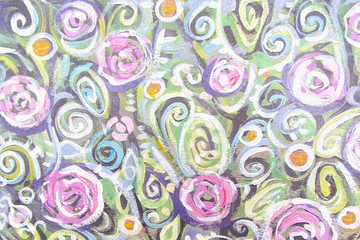 Blossoming tree brunch, acrylic illustration. Elegance floral pattern background. Canvas. Picture for the interior, as part of wall decorations.