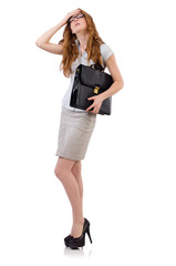 Fototapeta premium Pretty young employee with briefcase isolated on white