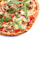 Tasty pizza with vegetables and arugula isolated on white