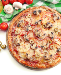 Tasty pizza with vegetables and napkin close up