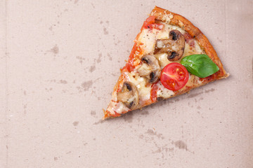 Slice of tasty pizza with vegetables and basil in cardboard close up