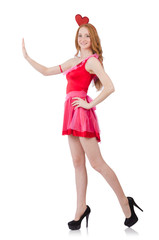 Pretty young model in mini pink dress isolated on white