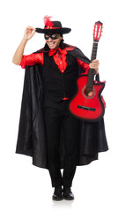 Naklejka premium Young man in carnival coat with guitar isolated on white