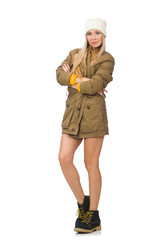 Pretty woman in jeans shorts isolated on white