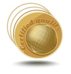 Gold globe on emblem with inscription certified quality.