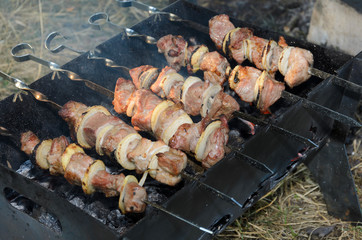 Pork meat grilling on metal skewer