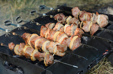 Pork meat grilling on metal skewer