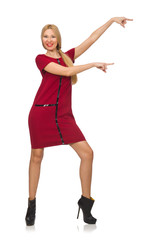 Fototapeta premium Blond hair woman in bordo dress isolated on white