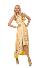 Blond girl in charming dress with flower prints isolated on whit