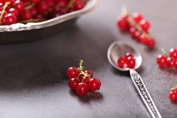 Ripe red currants on table, closeup