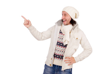 Young man in winter clothes isolated on white