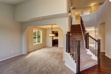 Beautiful entry way with carpet staircase.