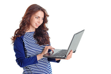 Fototapeta premium Smiling girl holding laptop 