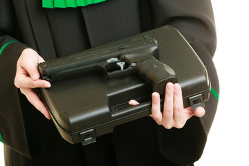 woman lawyer with weapon gun. Crime