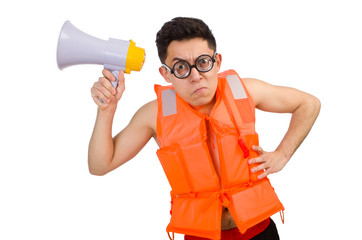 Funny man wearing vest with loudspeaker