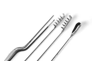 collection of plant tissue laboratory instruments on white backg