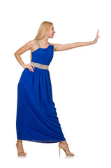 Obraz na płótnie Canvas Beautiful woman in long blue dress isolated on white