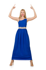 Naklejka premium Beautiful woman in long blue dress isolated on white