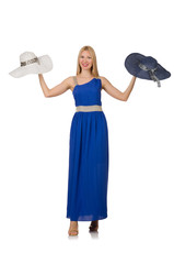 Beautiful woman in long blue dress isolated on white