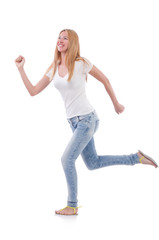 Woman in blue jeans isolated on white