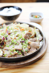 Japanese food pork with ginger on pan