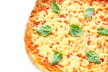 Cheese pizza with basil close up