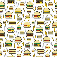 Seamless pattern of burgers and fries on white background