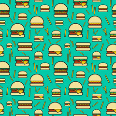 Seamless pattern of burgers and fries on turquoise background