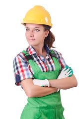 Female workman in green overalls isolated on white