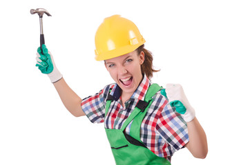 Female workman in green overalls isolated on white