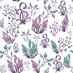 Vector Purple Green Seaweed Seamless Pattern