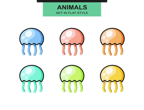 Set of jellyfish in flat style with strokes, different colors
