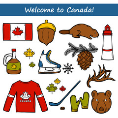 Set of cartoon hand drawn objects on Canada theme: maple syrup