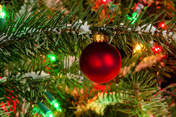 Red Xmas ornament hanging on fir tree with glowing lights and sn