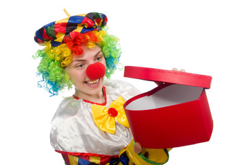 Clown with giftbox isolated on white